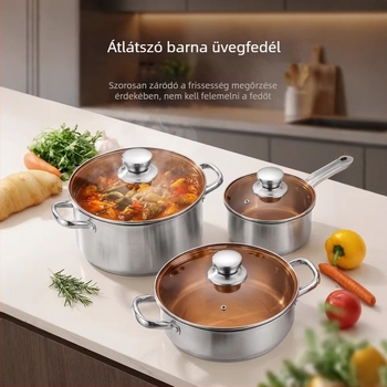 Rozsdamentes acélból készült, multifunkciós edénykészlet, vastag falú kivitel, tartalmaz fazekat, levesestálat, tejes üstöt és serpenyőt