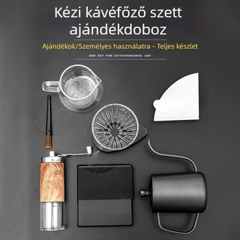 Hordozható kézi kávéőrlővel, pour-over kancsóval és elektronikus mérleggel ellátott kávékészlet ajándékdobozban