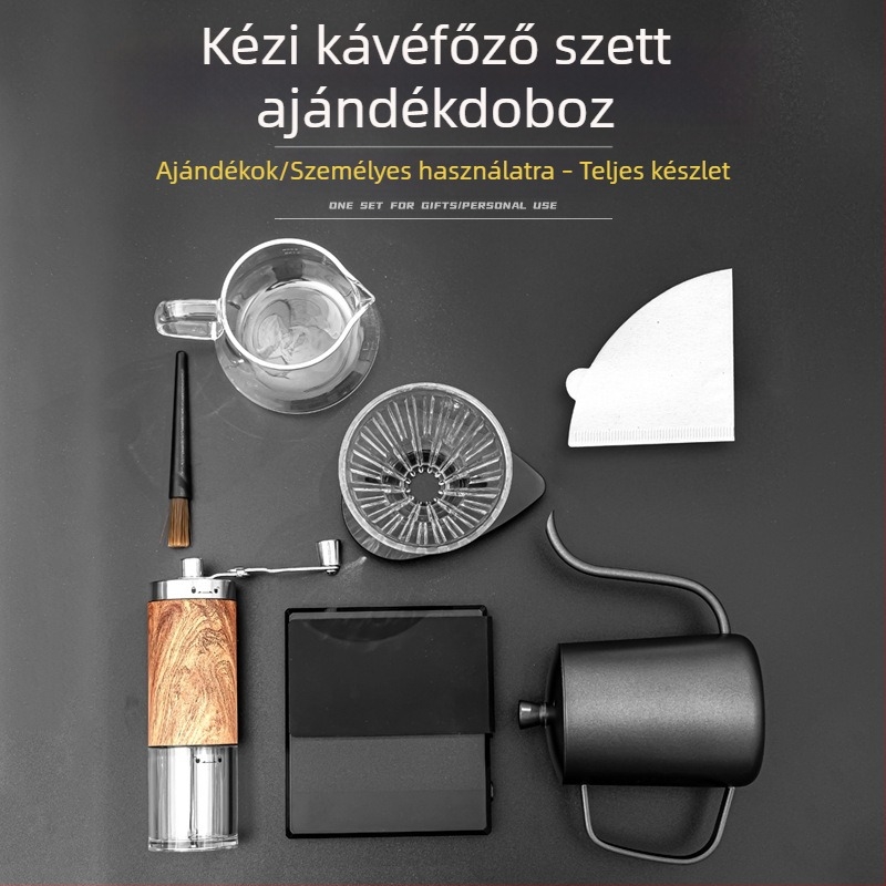Hordozható kézi kávéőrlővel, pour-over kancsóval és elektronikus mérleggel ellátott kávékészlet ajándékdobozban