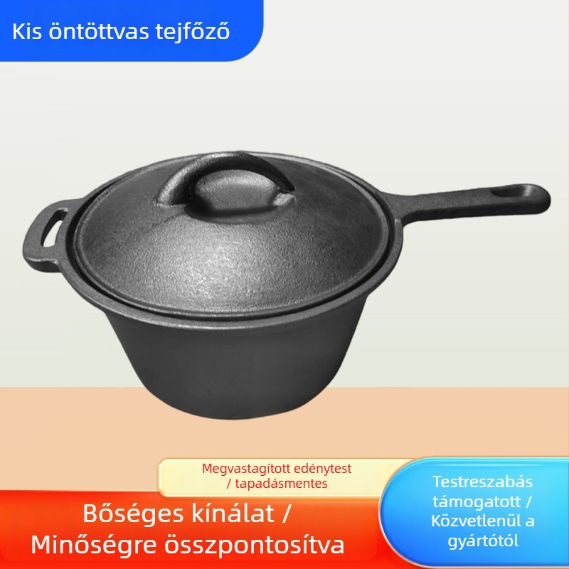 Kis öntöttvas edény bébiételekhez, vastagított felülettel, bevonat nélküli, indukciós és gáztűzhelyen használható