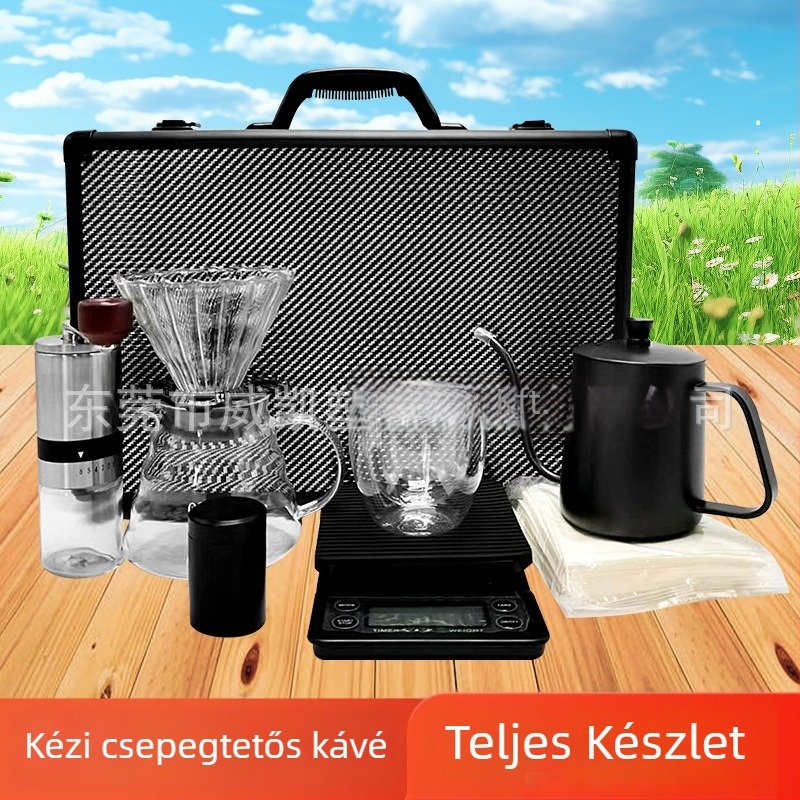 Szabadban használható hordozható pour-over kávés készlet, mérleggel és kancsóval, moduláris készlet