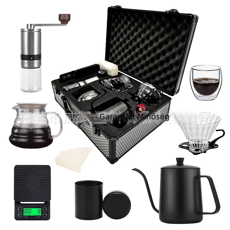 Szabadban használható hordozható pour-over kávés készlet, mérleggel és kancsóval, moduláris készlet