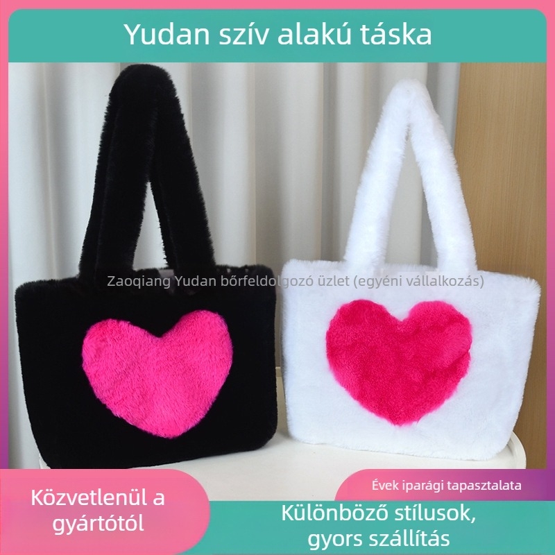 Női plüss clutch szív alakú, koreai stílus, keresztpántos, nagy kapacitású