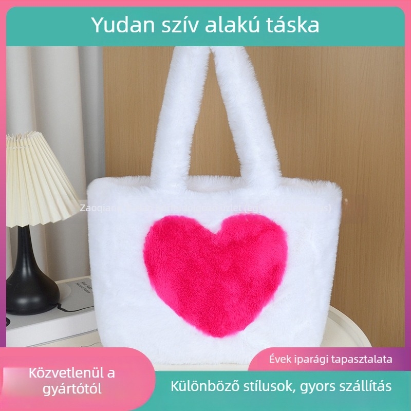 Női plüss clutch szív alakú, koreai stílus, keresztpántos, nagy kapacitású