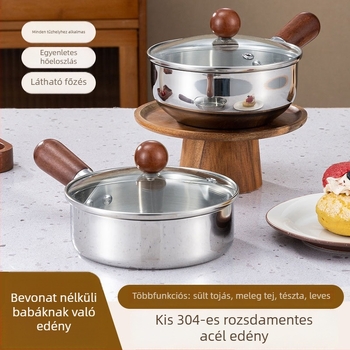 Rozsdamentes acélból készült tejfőző edény diófa fogantyúval, kis lapos aljzatú edény bébiételhez és nassolnivalókhoz, üvegfedél