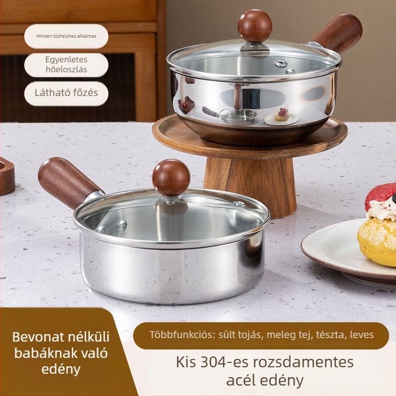 Rozsdamentes acélból készült tejfőző edény diófa fogantyúval, kis lapos aljzatú edény bébiételhez és nassolnivalókhoz, üvegfedél