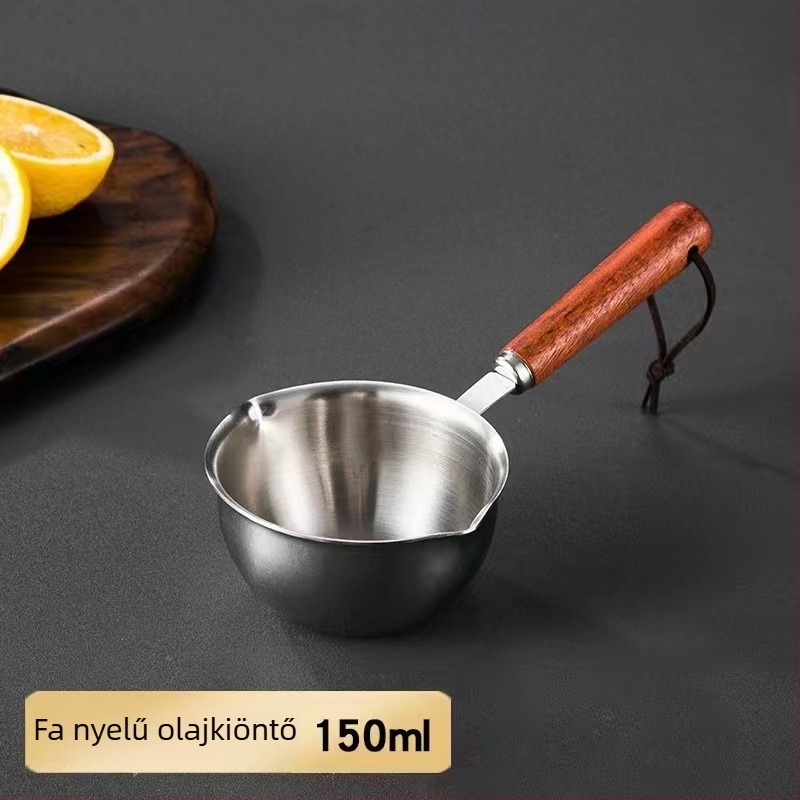 304 rozsdamentes acél olajöntő edény fával készült fogantyúval, mini tejkanna
