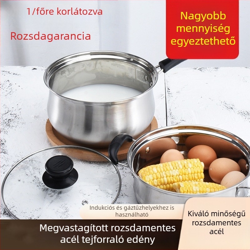 304 rozsdamentes acél tejfazék bevonat nélkül, bébiételekhez, vastagított alj, egykezes fogantyúval, üvegfedél