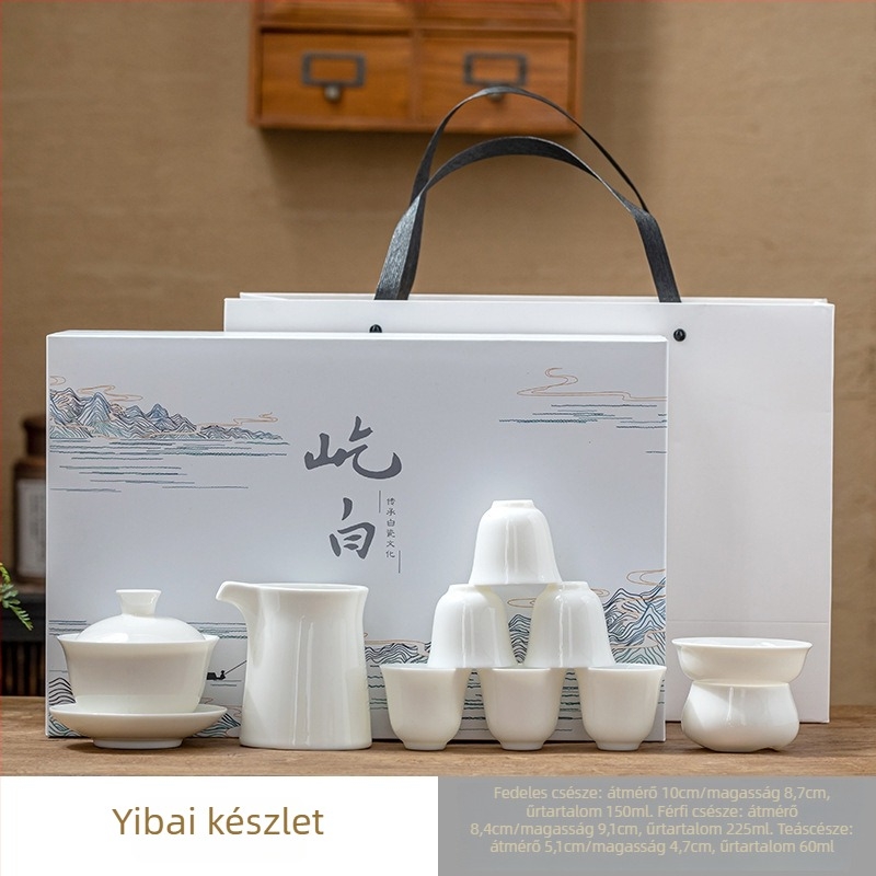 Fehér Dehua porcelánból készült Kung Fu tea készlet otthoni használatra, fedeles tál és teáscsészék, ajándékdobozos csomagolás