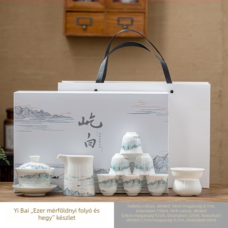 Fehér Dehua porcelánból készült Kung Fu tea készlet otthoni használatra, fedeles tál és teáscsészék, ajándékdobozos csomagolás