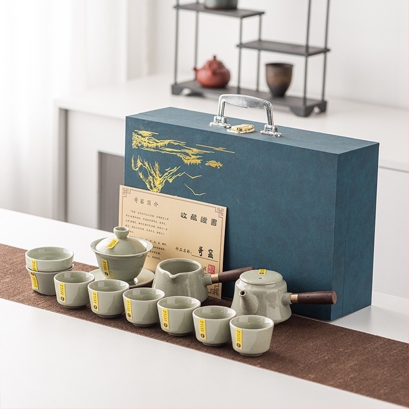 Geyao Gongfu porcelán tea készlet fedeles tálakkal és teáscsészékkel – ajándékdoboz, otthoni és üzleti használatra