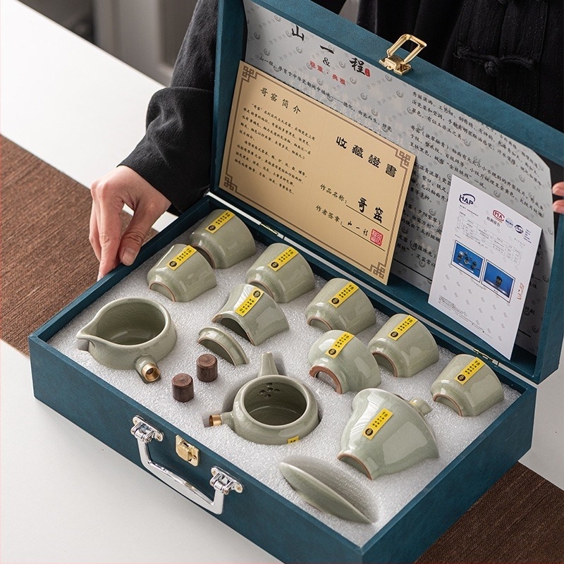 Geyao Gongfu porcelán tea készlet fedeles tálakkal és teáscsészékkel – ajándékdoboz, otthoni és üzleti használatra