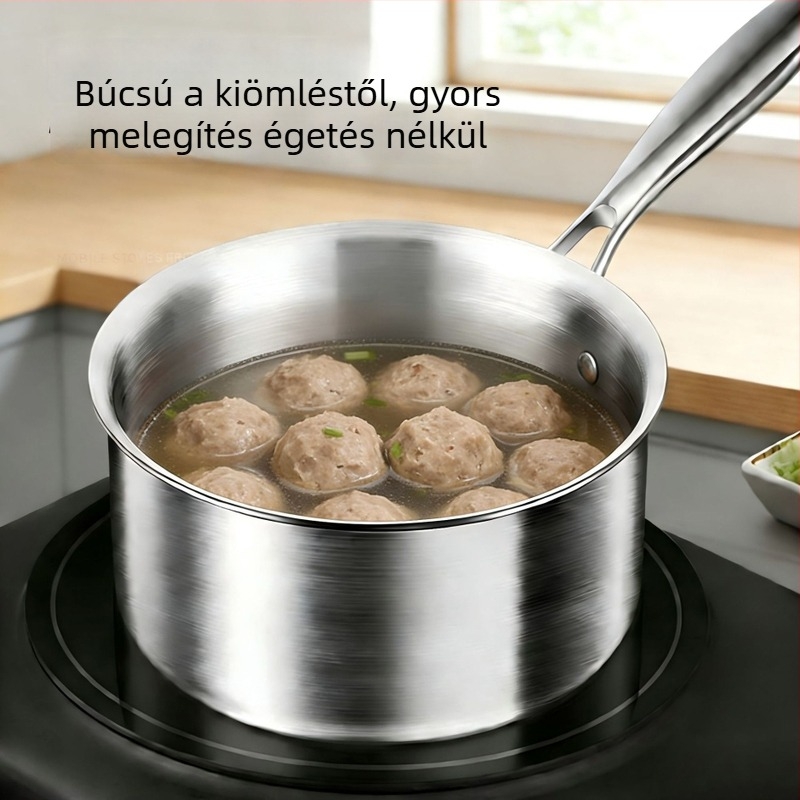304 rozsdamentes acél tejlábas, vastagított egykezes fogantyúval, háromrétegű alj, mini méretű lábas bébiételekhez