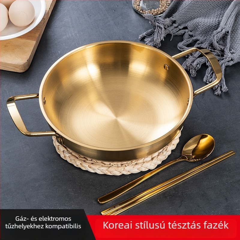 Kétfülű arany ramen fazék, mini lapos aljú forró fazék, koreai stílusú rozsdamentes acél tengeri ételek