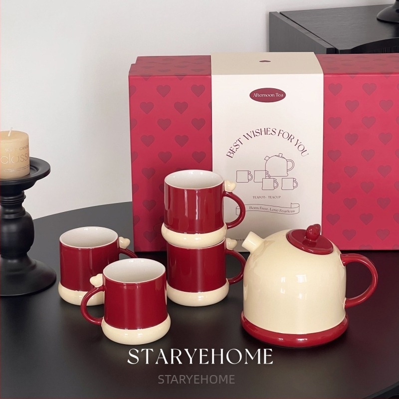 Starye Starry Home Szív alakú porcelán teáskészlet ajándékdoboztban, 4 személyre, 780 ml