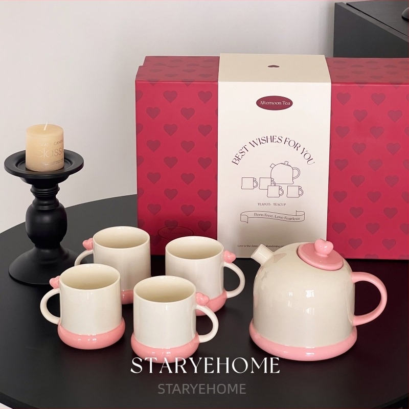 Starye Starry Home Szív alakú porcelán teáskészlet ajándékdoboztban, 4 személyre, 780 ml
