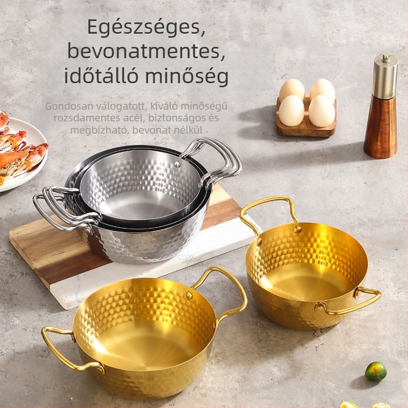 Rozsdamentes acél Koreai stílusú tészta főzőedény, vastagított, dupla füllel, ramenhez, üvegfedő, nyílt lángra és indukcióra alkalmas