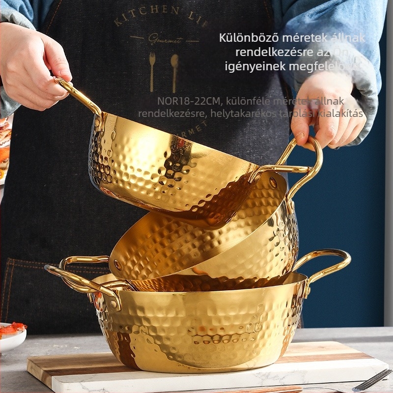 Rozsdamentes acél Koreai stílusú tészta főzőedény, vastagított, dupla füllel, ramenhez, üvegfedő, nyílt lángra és indukcióra alkalmas