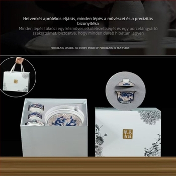 Kék-fehér sárkányos kung-fu teáskészlet porcelánból, fedővel és teáscsészékkel, díszdobozban két személyre