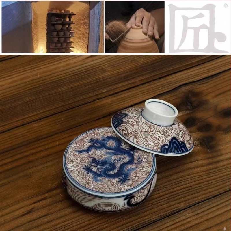 Kék-fehér sárkányos kung-fu teáskészlet porcelánból, fedővel és teáscsészékkel, díszdobozban két személyre