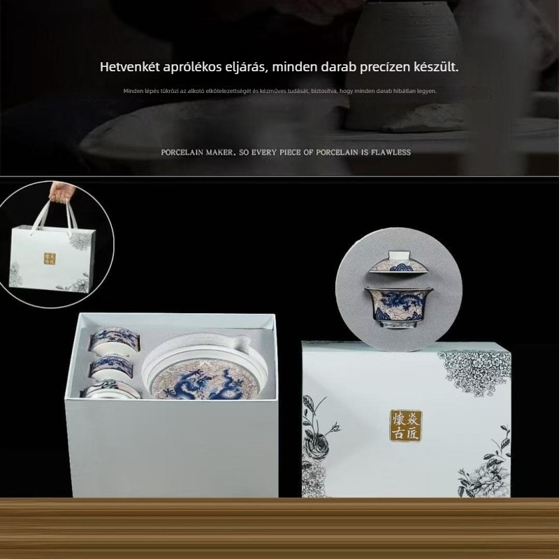 Kék-fehér sárkányos kung-fu teáskészlet porcelánból, fedővel és teáscsészékkel, díszdobozban két személyre