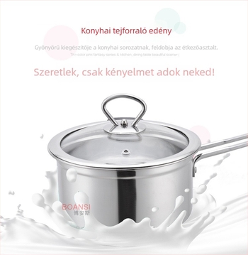 Rozsdamentes acélból készült tejfőző edény és kis leveses üst vastag aljjal, indukciós főzőlaphoz.