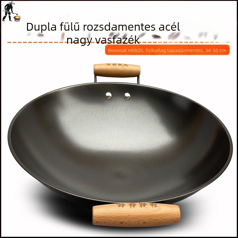 Kétfülű öntöttvas wok bevonat nélküli, kerek aljzattal, vastított, nagy kapacitású serpenyő