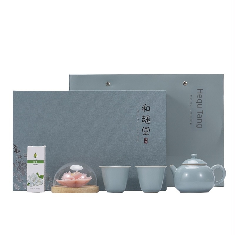Ru kiln teáskészlet teáskannával és két csészével, díszdobozos aromás teafalatokkal, üzleti ajándék, kínai Kung Fu teáskészlet.