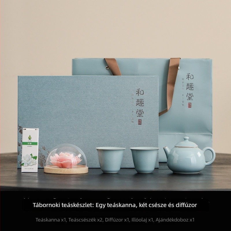 Ru kiln teáskészlet teáskannával és két csészével, díszdobozos aromás teafalatokkal, üzleti ajándék, kínai Kung Fu teáskészlet.
