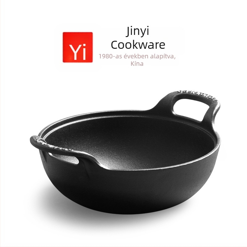 Öntöttvas ingot formájú wok bevonat nélküli, vastag régi stílusú vas serpenyő üvegfedővel, dupla fogantyúval, háztartási használatra