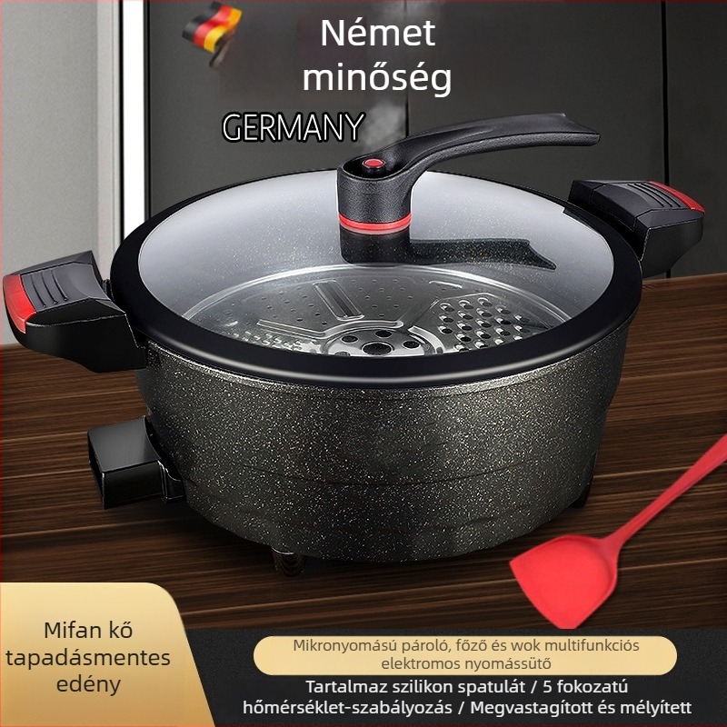 Multifunkcionális Maifan-kővel ellátott elektronikus wok, tapadásmentes bevonattal, üveggel fedett, 32 cm átmérőjű, alumínium alj
