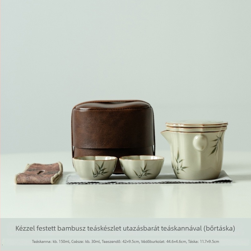 Új kínai stílusú utazási teáskészlet kézzel festett bambusz- és juharfával, bőr hordtáskával