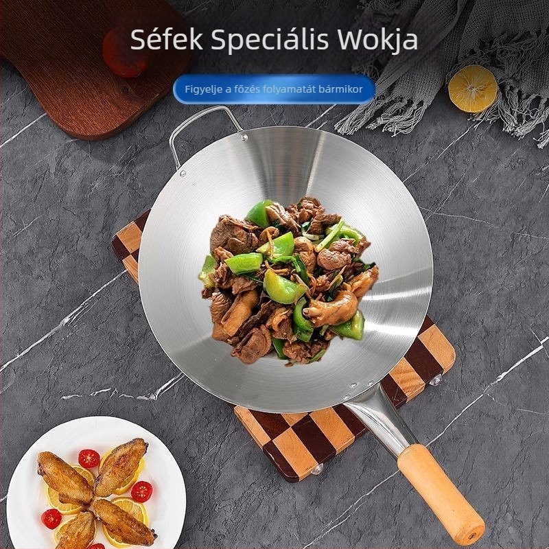 Rozsdamentes acélból készült wok egykezes fogantyúval, extrahatalmas és vastag, kínai stílusú köraljzatú gáztűzhelyhez