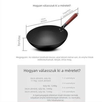 Szénacél wok, bevonat nélküli serpenyő gázfőzésre, kínai stílusú
