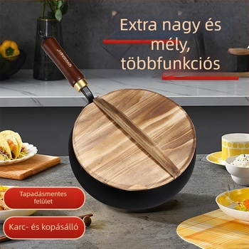 Kis vas wok fával fedővel, karcolásálló és kopásálló, bevonat nélkül, hagyományos széleshasú wok