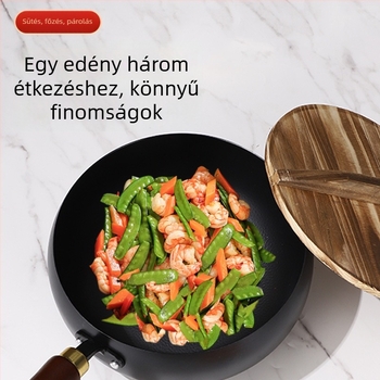 Kis vas wok fával fedővel, karcolásálló és kopásálló, bevonat nélkül, hagyományos széleshasú wok