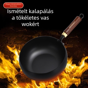 Kis vas wok fával fedővel, karcolásálló és kopásálló, bevonat nélkül, hagyományos széleshasú wok