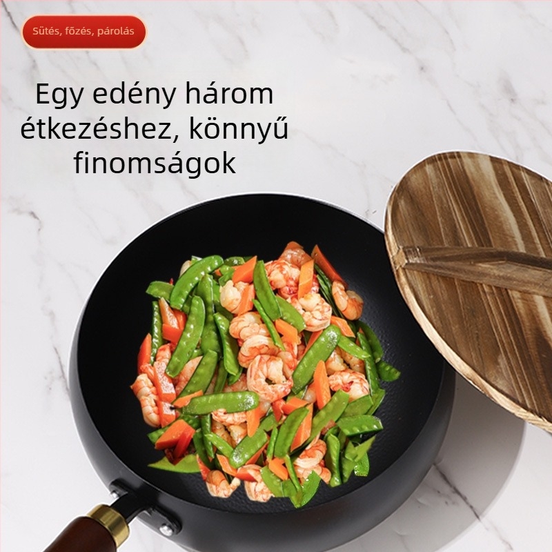 Kis vas wok fával fedővel, karcolásálló és kopásálló, bevonat nélkül, hagyományos széleshasú wok