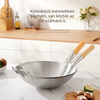 Rozsdamentes acél wok fa fogantyúval, vastagabb aljjal, kör alakú alj, éttermi használatra, nagy kapacitás, korrózióálló