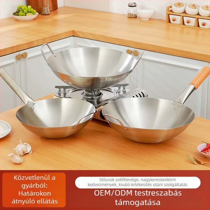 Rozsdamentes acél wok fa fogantyúval, vastagabb aljjal, kör alakú alj, éttermi használatra, nagy kapacitás, korrózióálló
