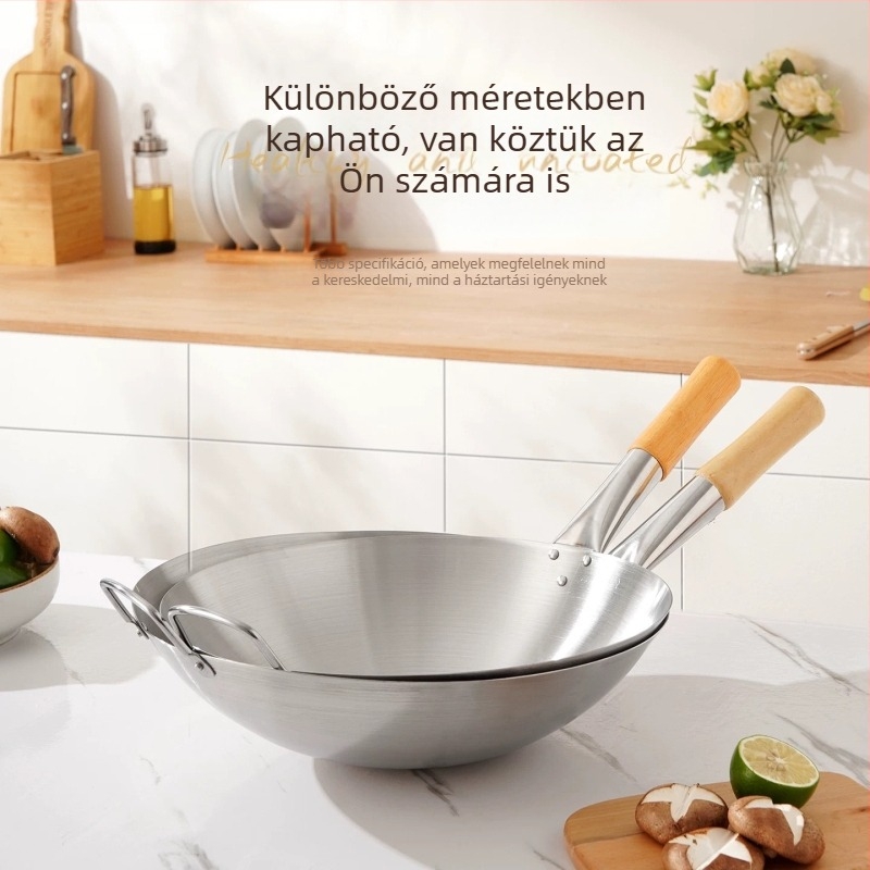 Rozsdamentes acél wok fa fogantyúval, vastagabb aljjal, kör alakú alj, éttermi használatra, nagy kapacitás, korrózióálló
