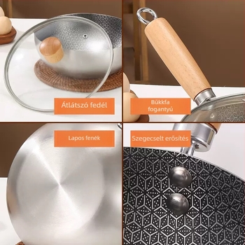 Egyszemélyes rozsdamentes acél wok, tapadásmentes bevonattal, fa fogantyúval, sík aljjal, gáztűzhelyhez