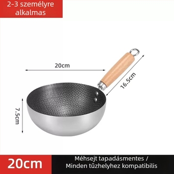 Egyszemélyes rozsdamentes acél wok, tapadásmentes bevonattal, fa fogantyúval, sík aljjal, gáztűzhelyhez