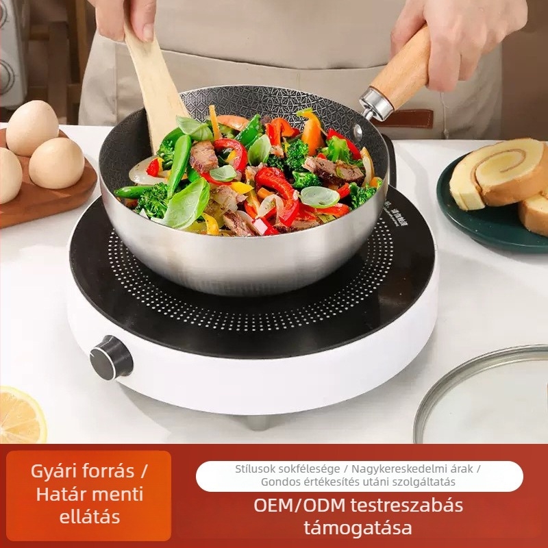 Egyszemélyes rozsdamentes acél wok, tapadásmentes bevonattal, fa fogantyúval, sík aljjal, gáztűzhelyhez