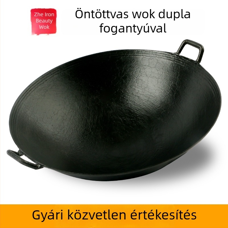 Kétfülű öntöttvas edény otthoni használatra, hagyományos vidéki fatüzelésű konyhához.