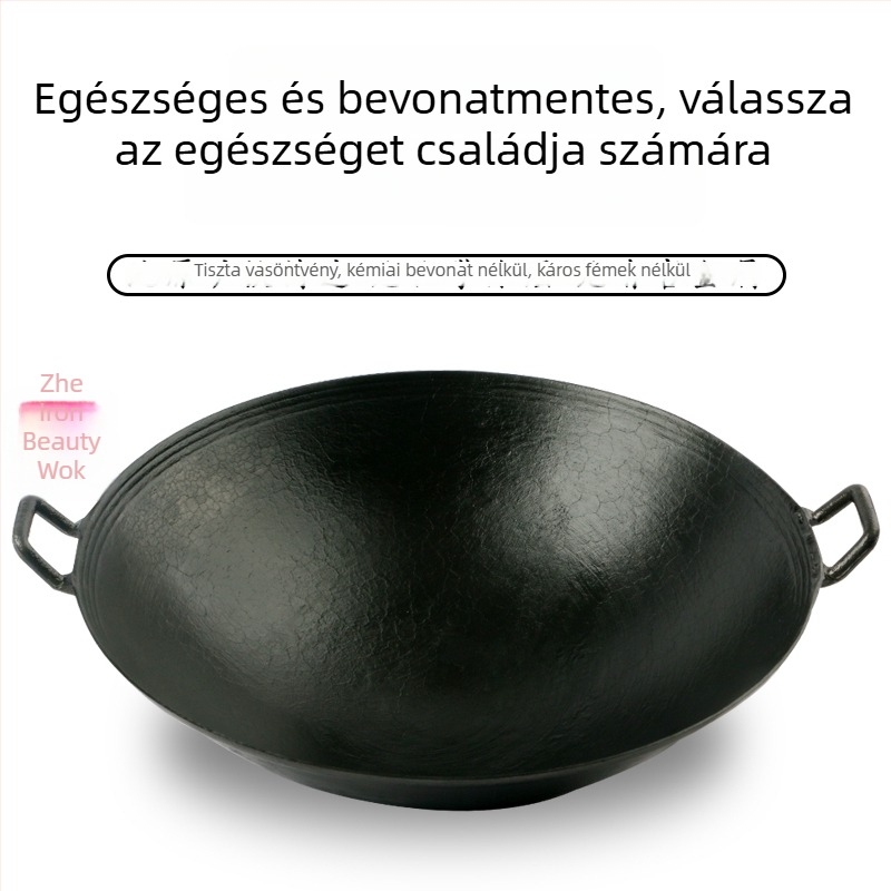 Kétfülű öntöttvas edény otthoni használatra, hagyományos vidéki fatüzelésű konyhához.
