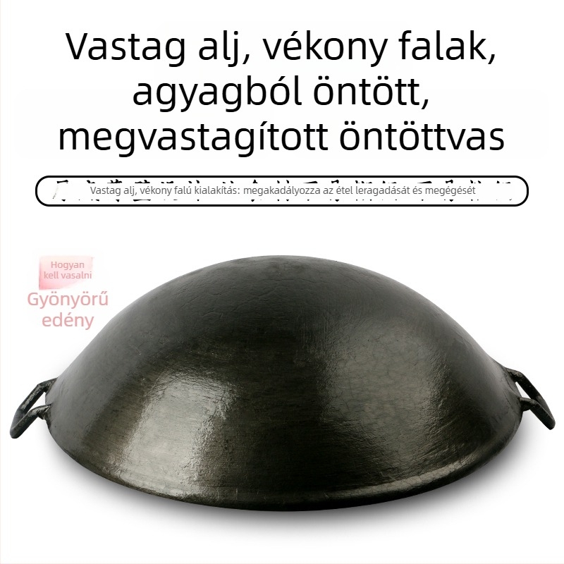 Kétfülű öntöttvas edény otthoni használatra, hagyományos vidéki fatüzelésű konyhához.