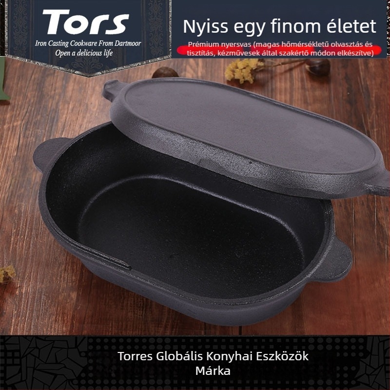Ovalis öntöttvas serpenyő sík fedővel, kettős használat – sütéshez és pároláshoz, kültéri grillhez