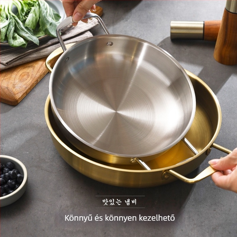Rozsdamentes acél leveses fazék dupla fogantyúval, sík alj, arany színű, Koreai stílusú, vastított, 2,1–3 l, otthoni használatra