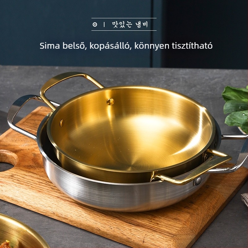 Rozsdamentes acél leveses fazék dupla fogantyúval, sík alj, arany színű, Koreai stílusú, vastított, 2,1–3 l, otthoni használatra